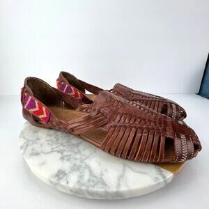 RARAMURI Mexican Beaded Hand Made Leather Woven Cognac Huarache Sandals Size 10